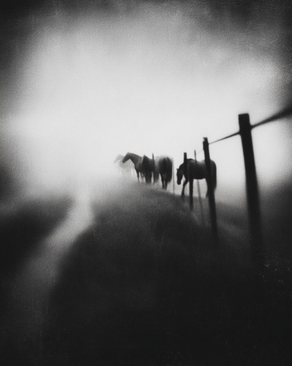 Horses in Fog — Black and White Photography Print. poster detail