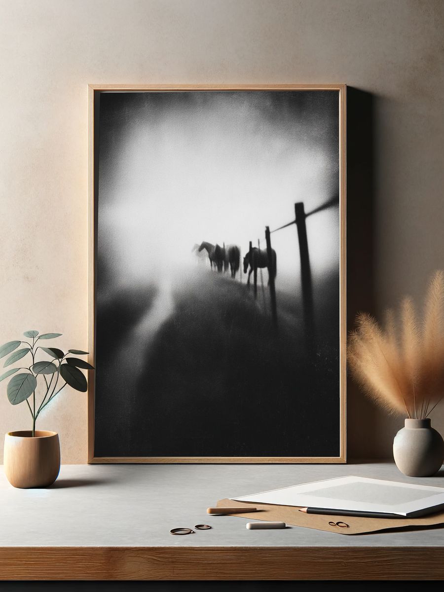 Horses in Fog — Black and White Photography Print. — room view 2