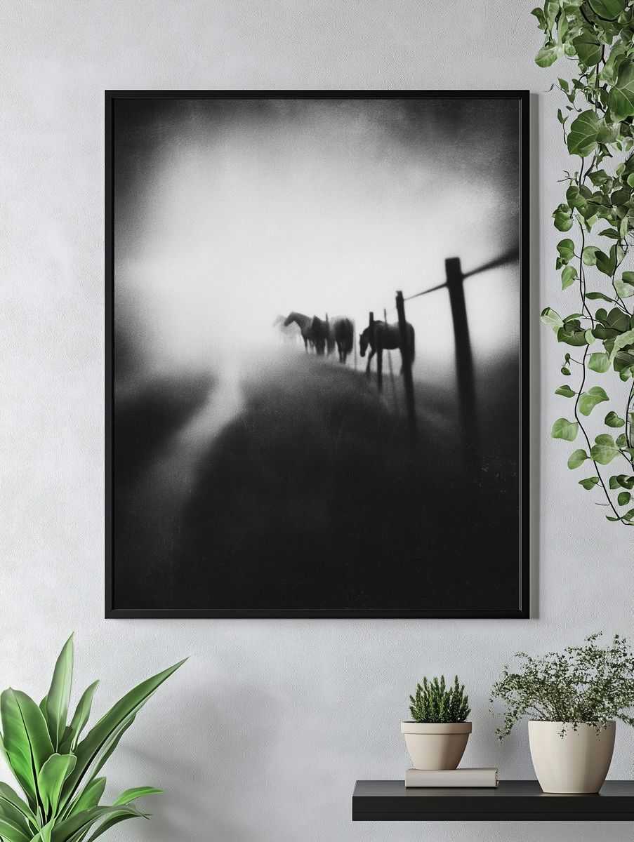 Horses in Fog — Black and White Photography Print. — room view 4