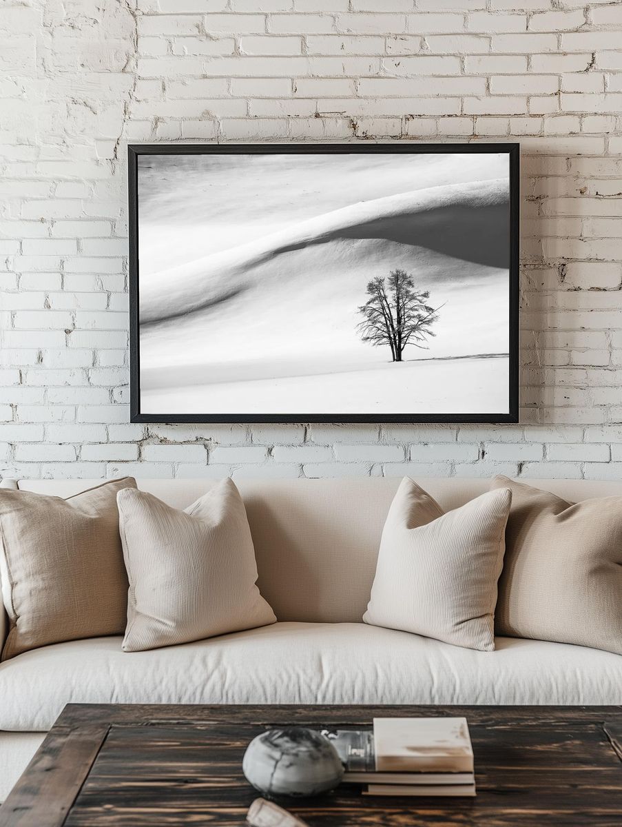 Lonely Tree in Snow — Black-White Print. — room view 1