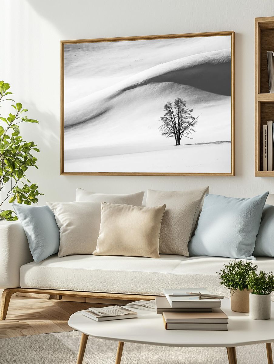 Lonely Tree in Snow — Black-White Print. — room view 2