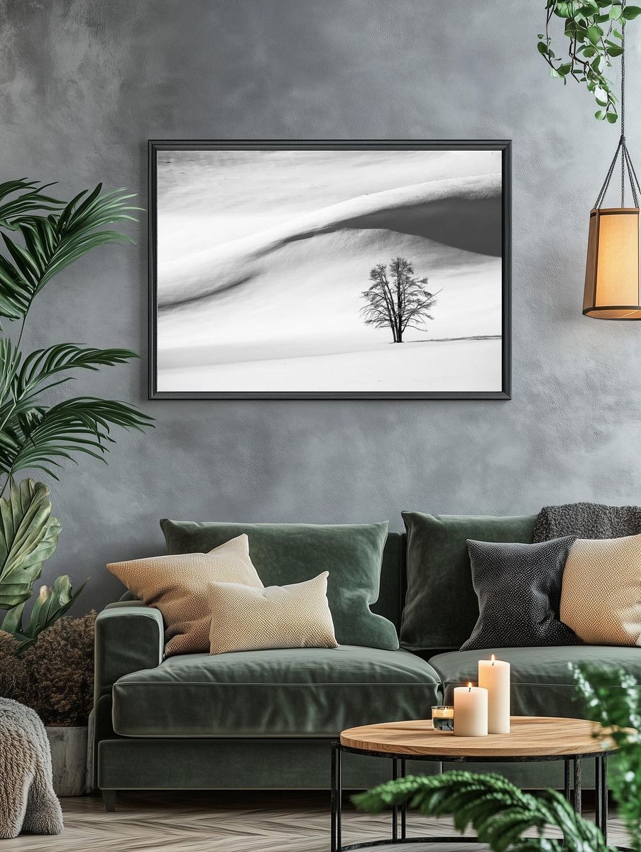 Lonely Tree in Snow — Black-White Print. — room view 4