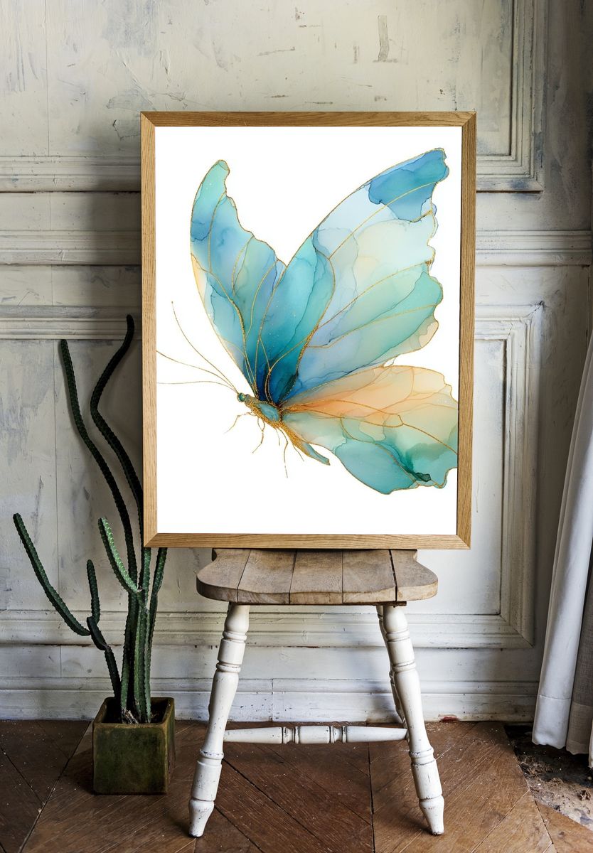 Blue Butterfly — Watercolor Print. — room view 1