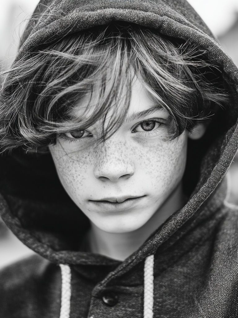 Freckled Boy in Hoodie — Black-White Print. poster detail