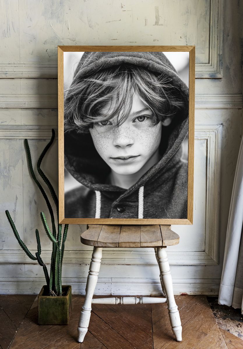 Freckled Boy in Hoodie — Black-White Print. — room view 1