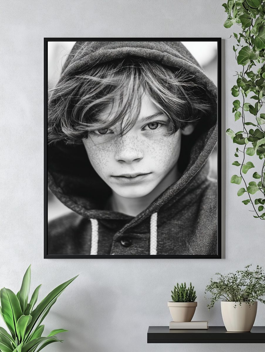 Freckled Boy in Hoodie — Black-White Print. — room view 4