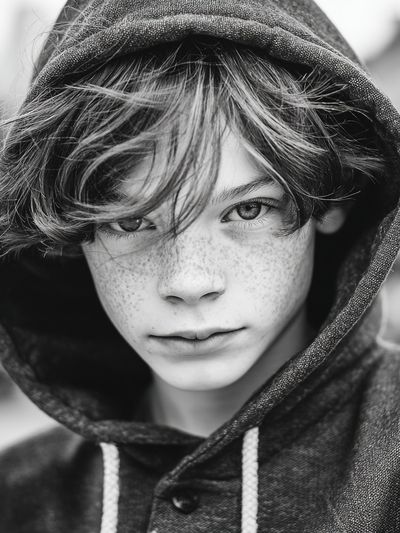 Freckled Boy in Hoodie — Black-White Print. poster print