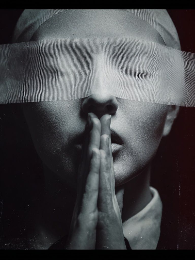 Blindfolded Portrait Black-White Print. poster — photography art
