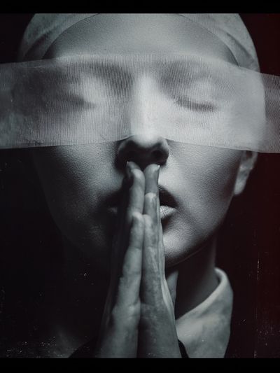 Blindfolded Portrait Black-White Print. poster print