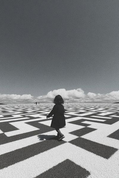 Child Walking on Geometric Pattern — Photography Print. poster