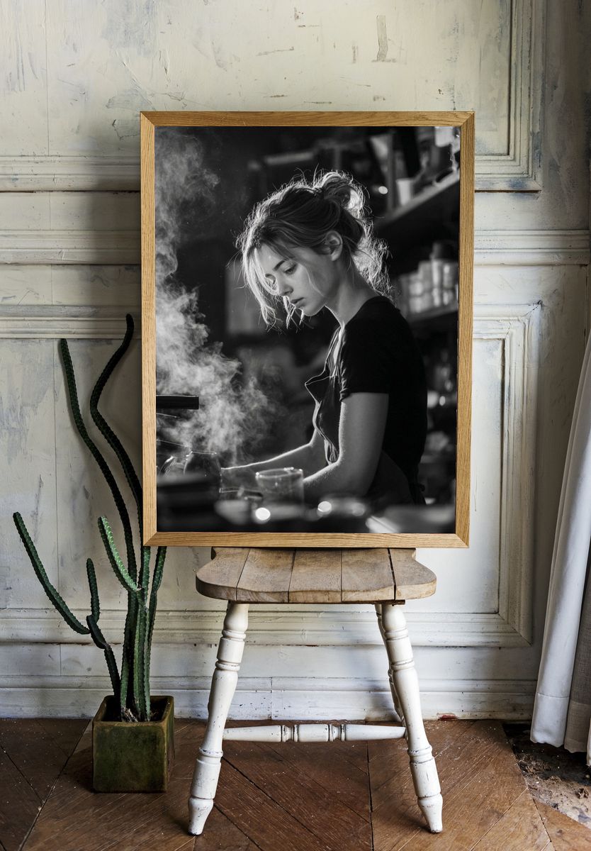 Barista Portrait Black-White Poster. — room view 1
