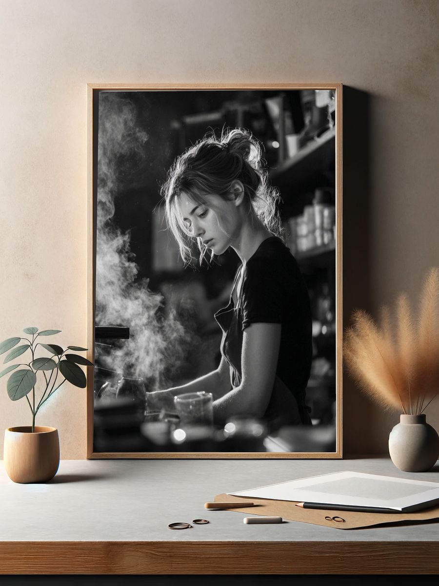 Barista Portrait Black-White Poster. — room view 2