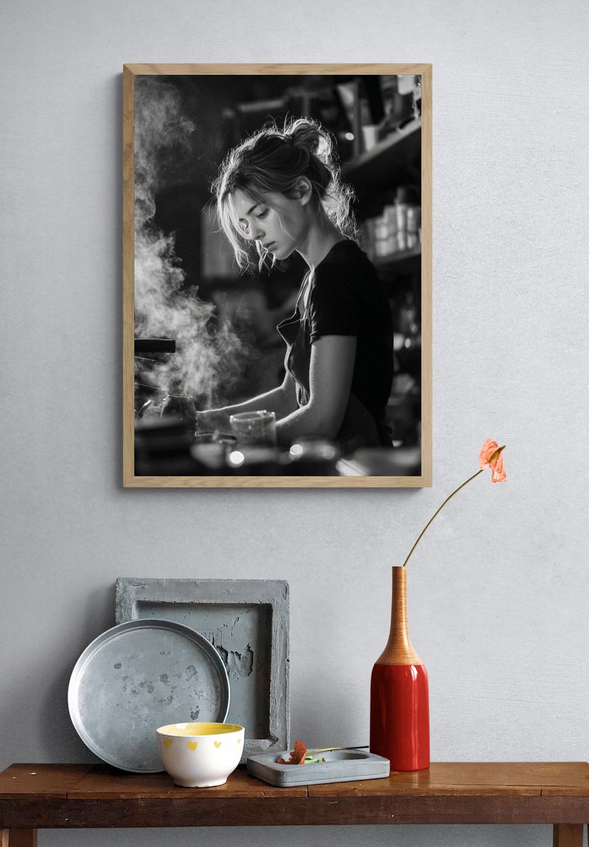 Barista Portrait Black-White Poster. — room view 3