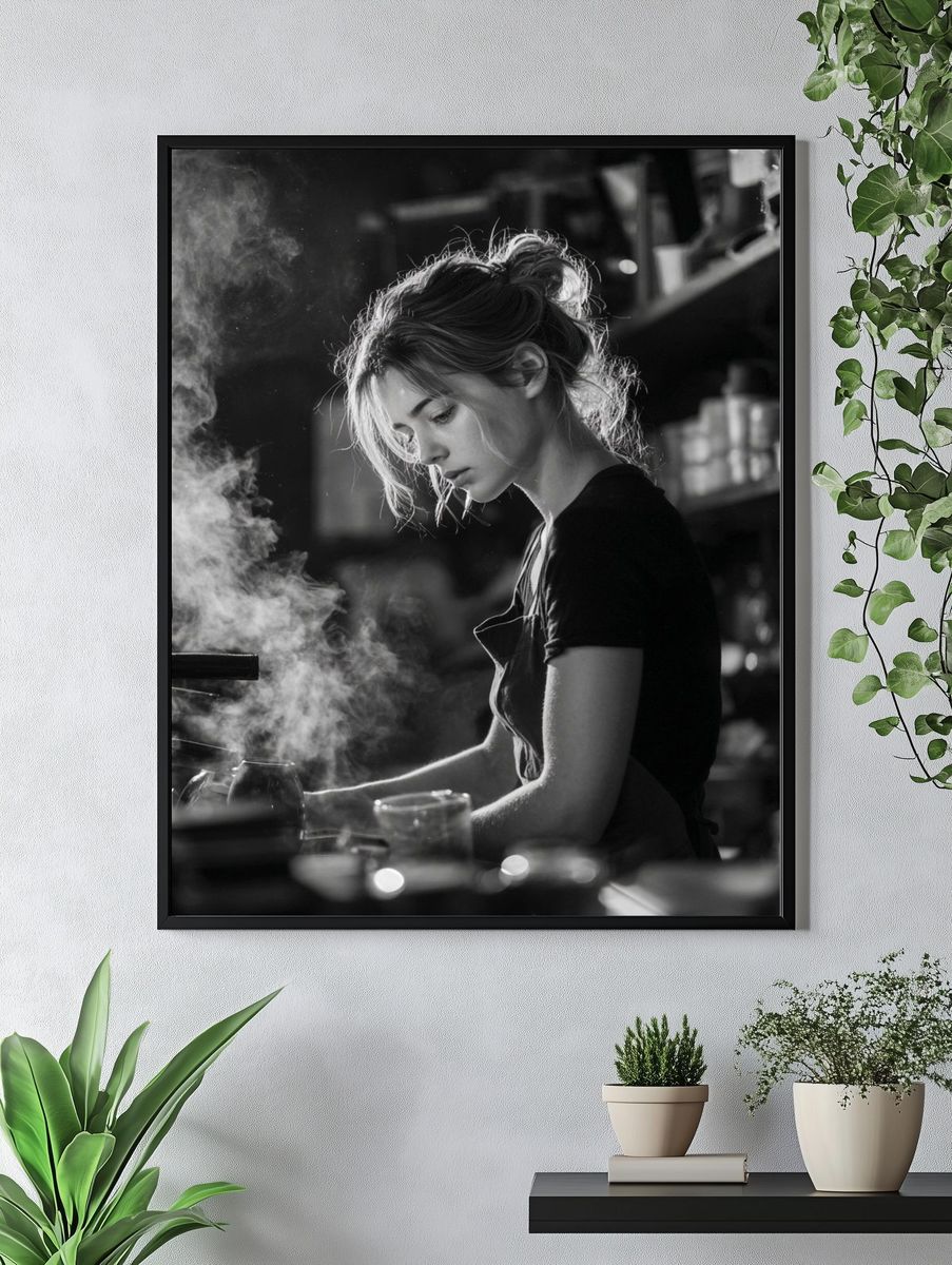 Barista Portrait Black-White Poster. — room view 4