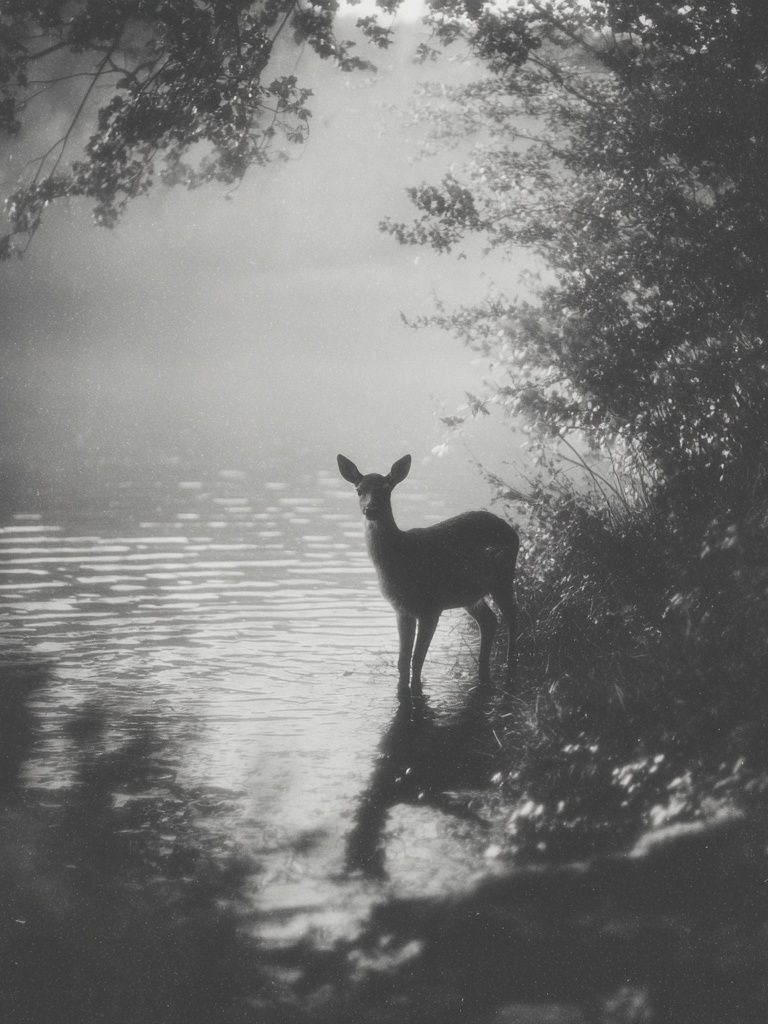 Deer by the Water — Black and White Photography Print. poster — photography art