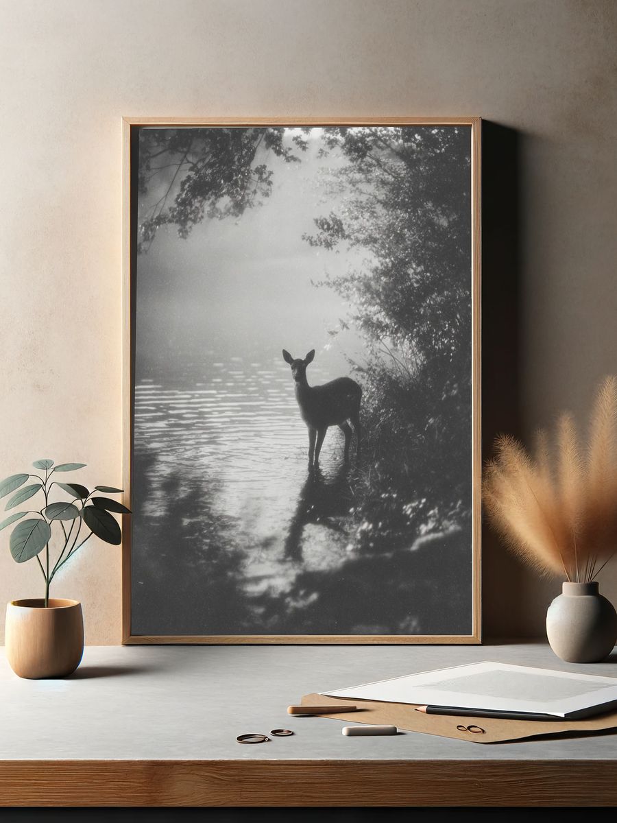 Deer by the Water — Black and White Photography Print. — room view 2