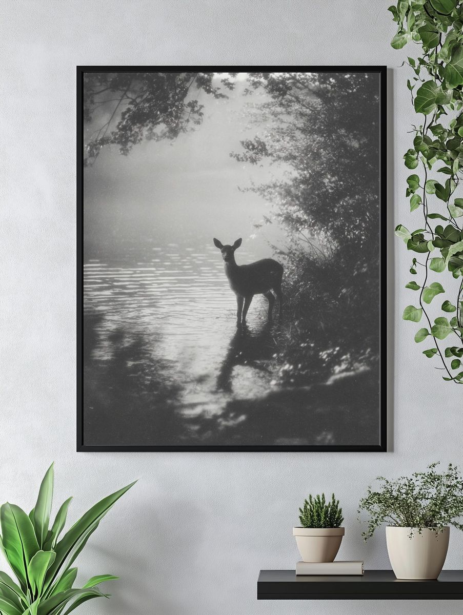 Deer by the Water — Black and White Photography Print. — room view 4