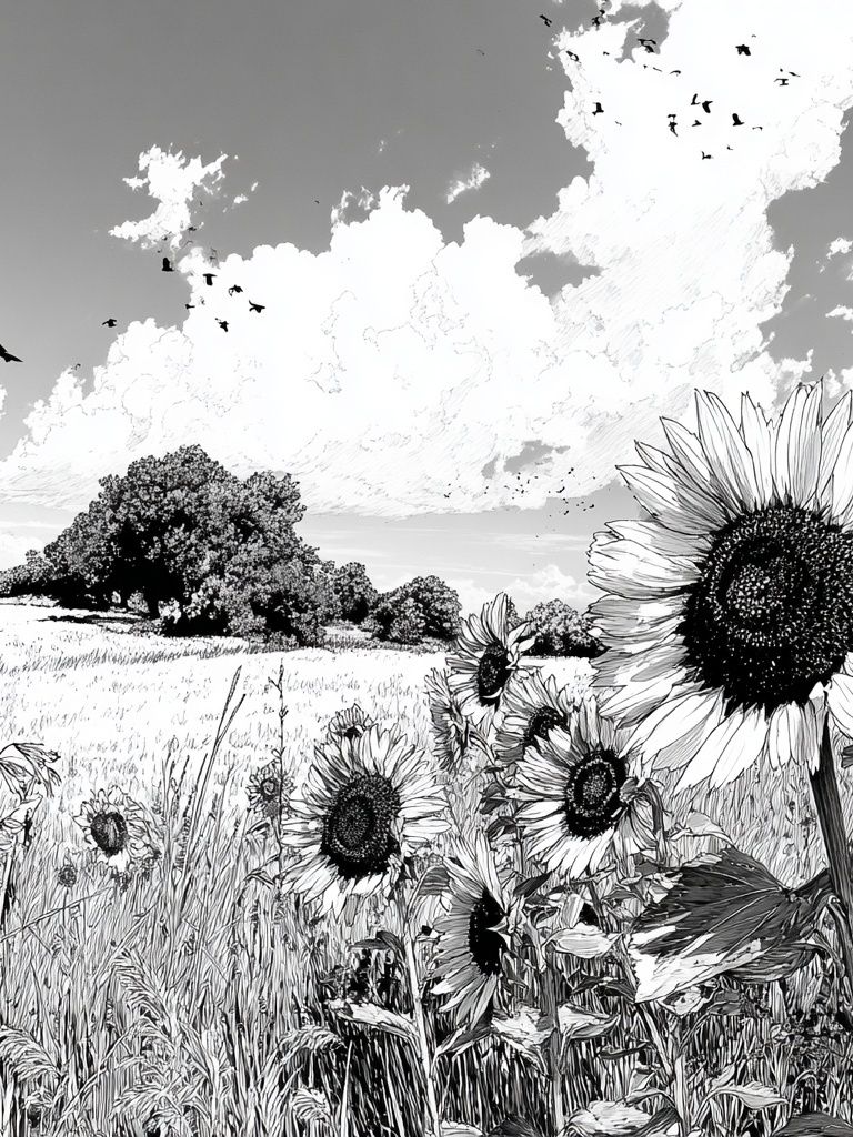 Sunflower Field — Black and White Print. poster detail
