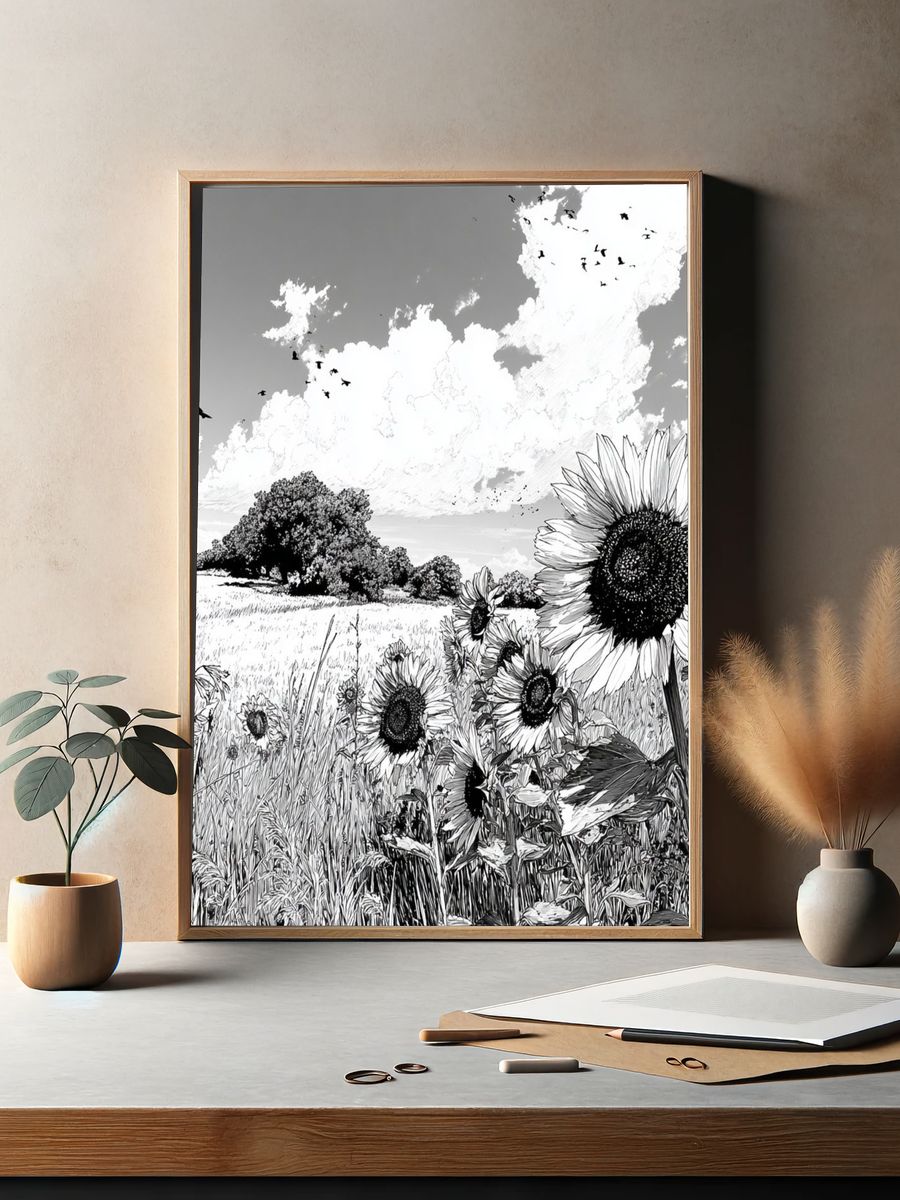 Sunflower Field — Black and White Print. — room view 2