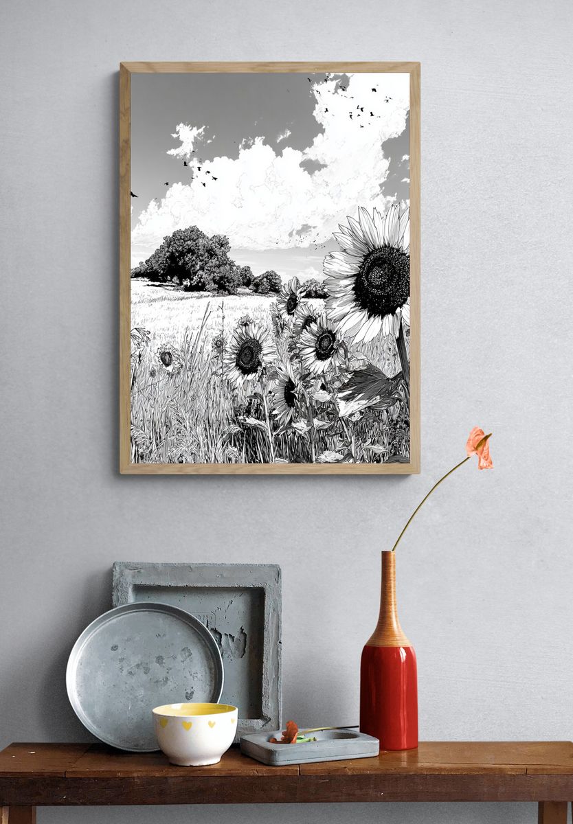 Sunflower Field — Black and White Print. — room view 3
