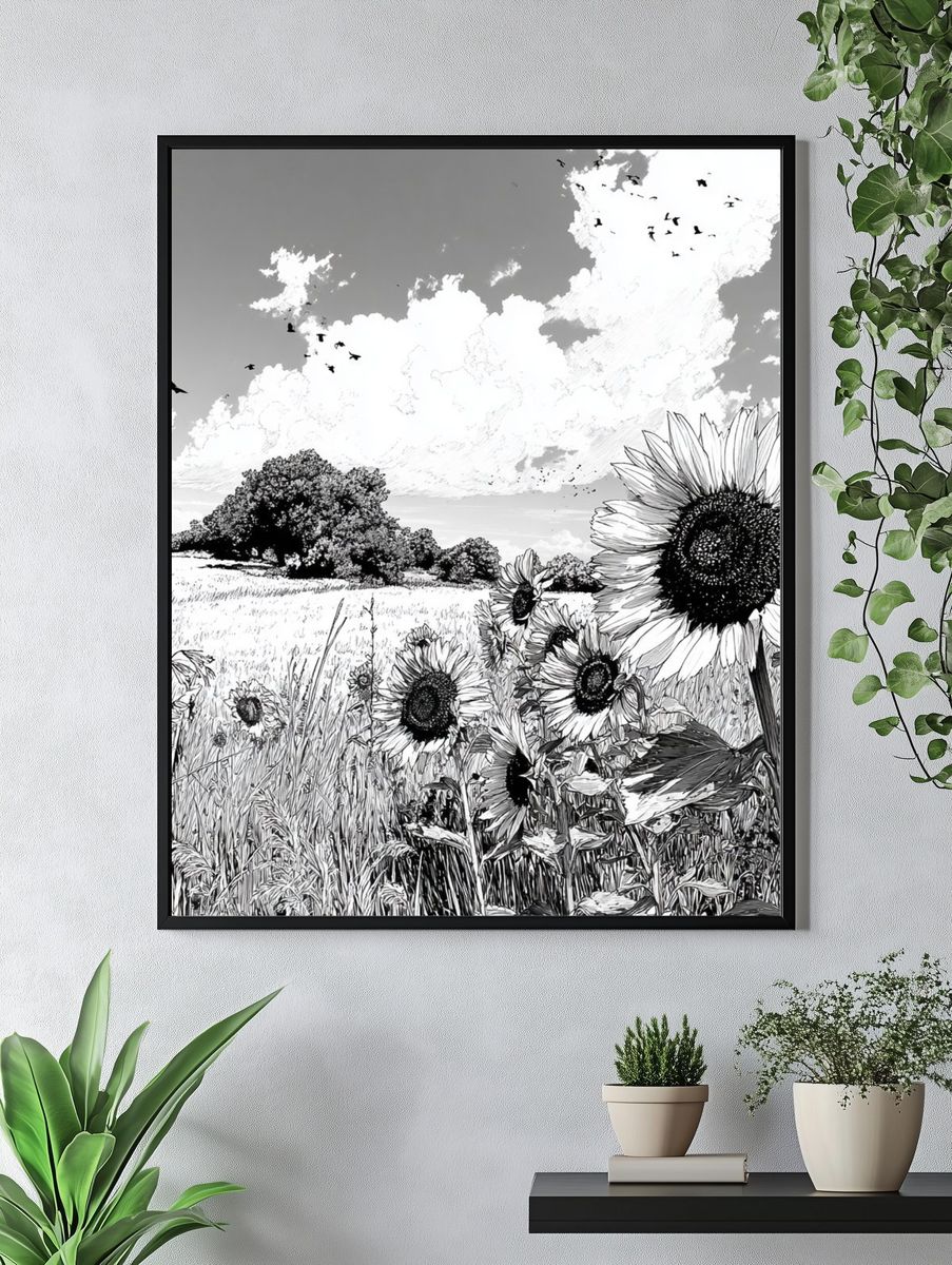 Sunflower Field — Black and White Print. — room view 4