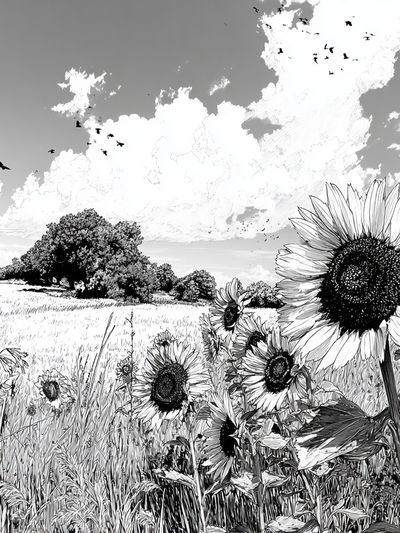 Sunflower Field — Black and White Print.