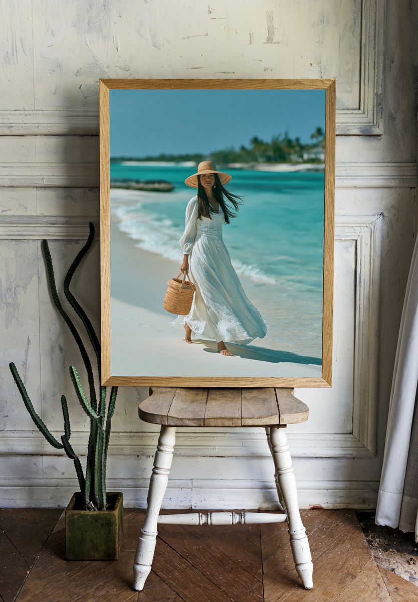 Beachside Woman in White Photography Poster. room preview