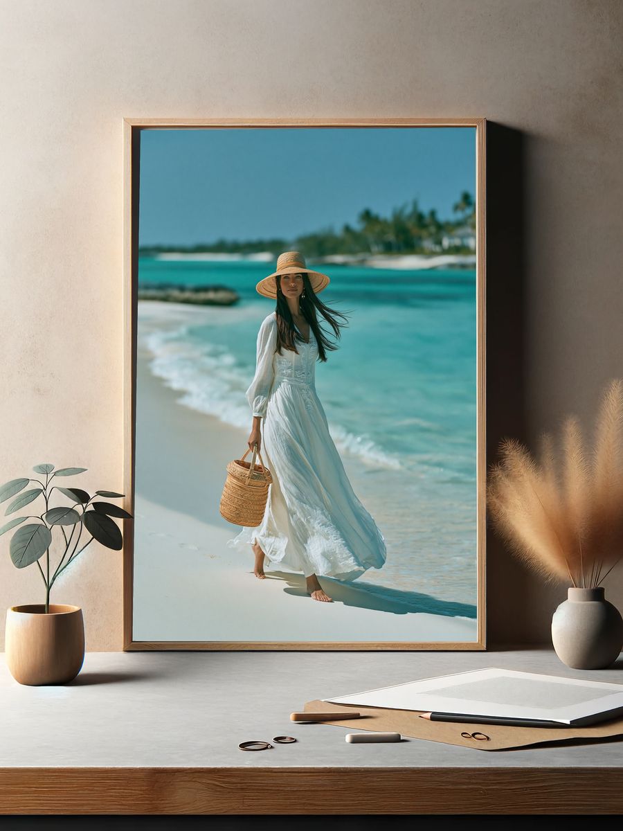 Beachside Woman in White Photography Poster. — room view 2