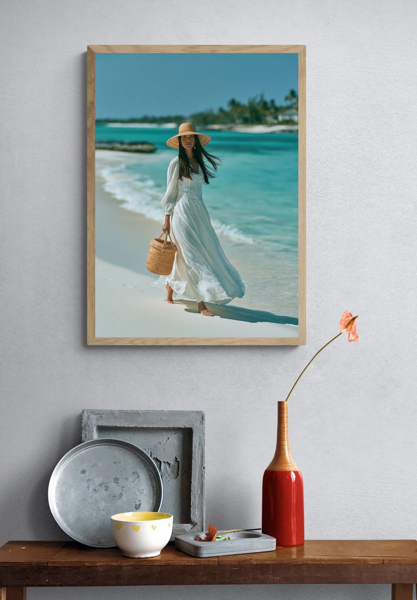 Beachside Woman in White Photography Poster. — room view 3