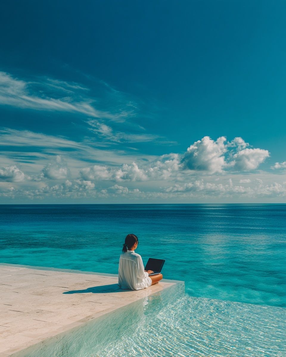 Serene Beachside Workspace Poster. poster detail
