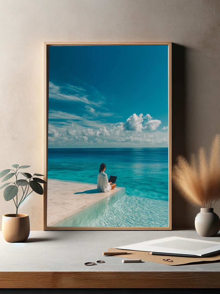 Serene Beachside Workspace Poster. — room view 2