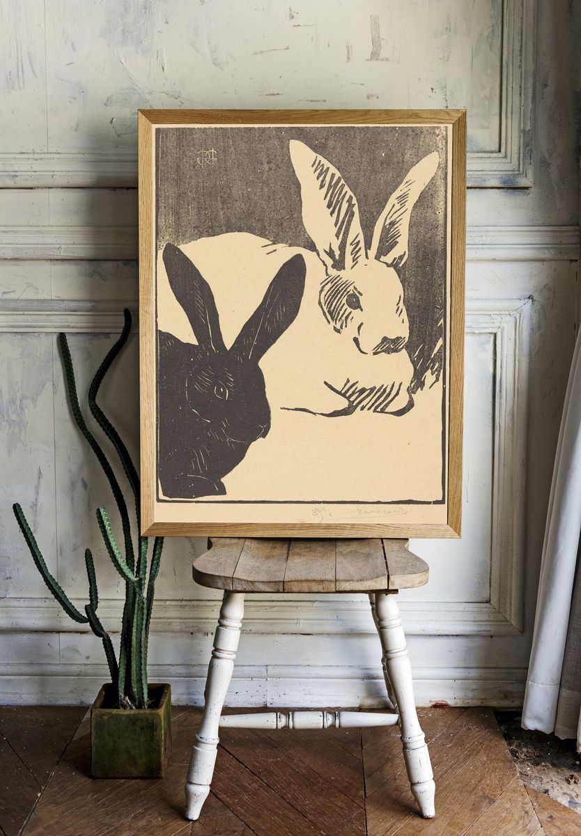 Black and White Rabbits — Fine Art Print. — room view 1