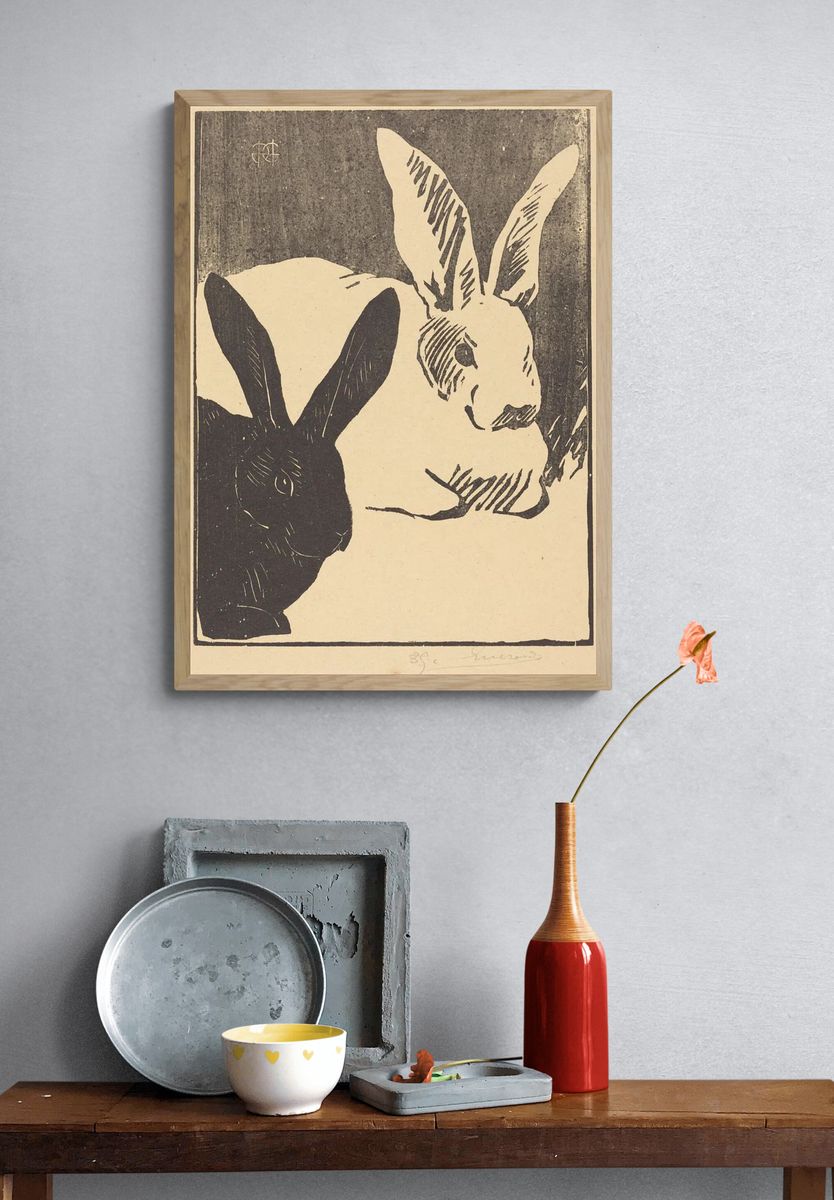 Black and White Rabbits — Fine Art Print. — room view 3
