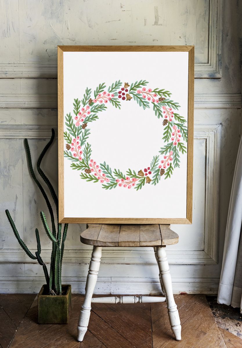 Winter Berry Wreath Botanical Print. room preview