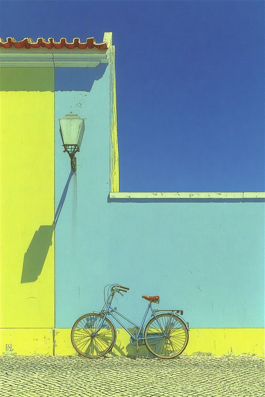 Blue Bicycle Against Yellow Wall Poster. poster — photography art