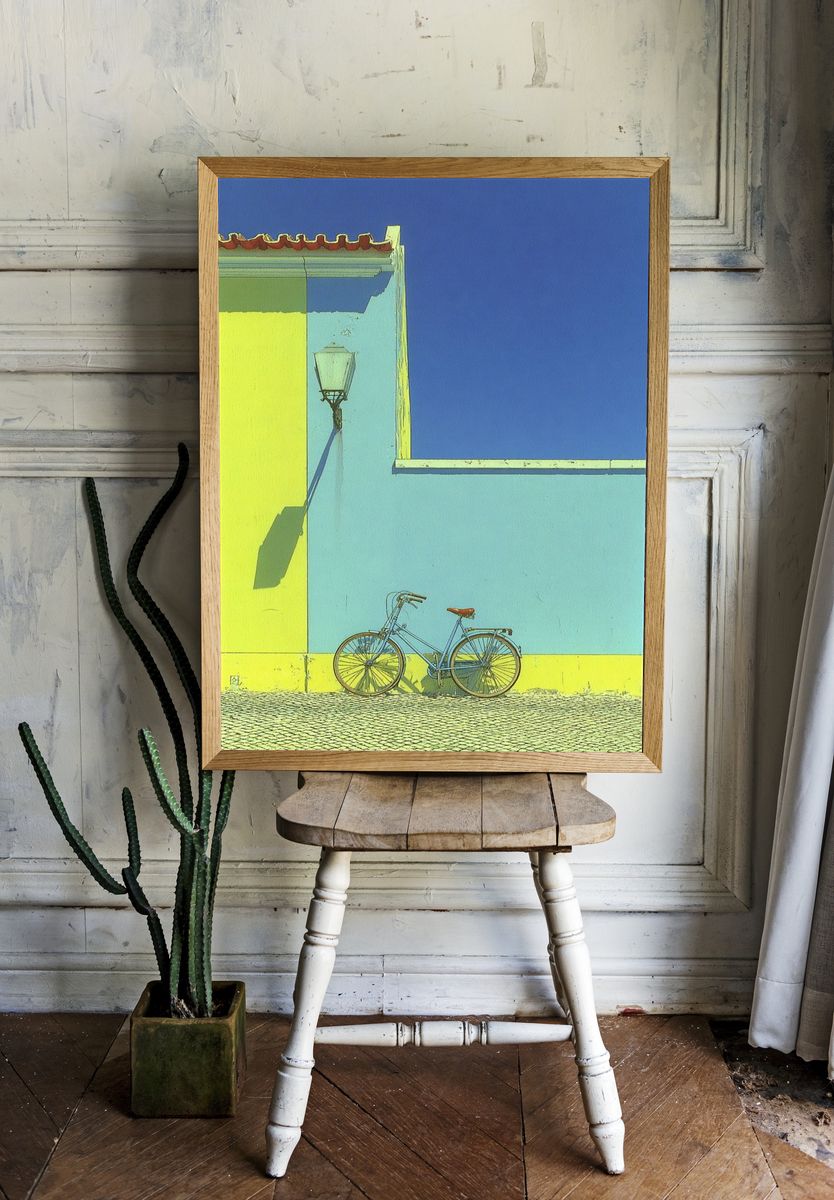 Blue Bicycle Against Yellow Wall Poster. — room view 1