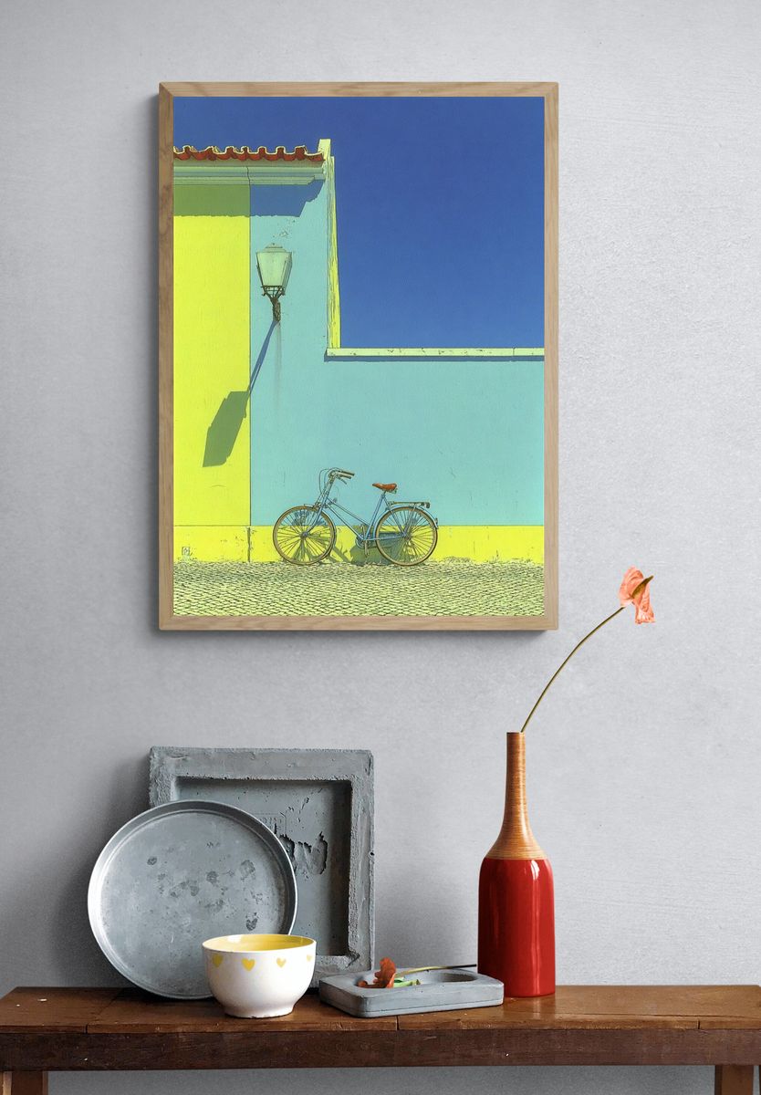 Blue Bicycle Against Yellow Wall Poster. — room view 3