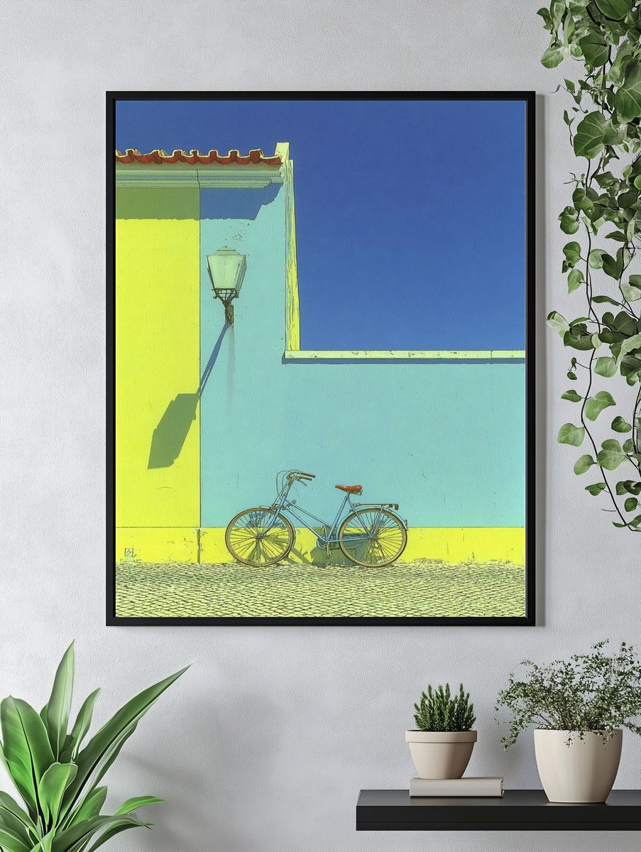 Blue Bicycle Against Yellow Wall Poster. — room view 4