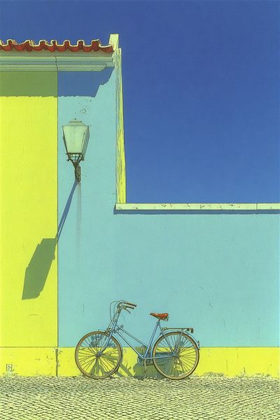 Blue Bicycle Against Yellow Wall Poster. poster