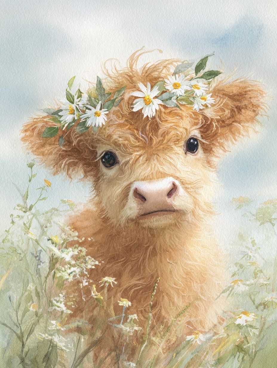 Highland Calf with Flower Crown — Watercolor Print. poster — animals art