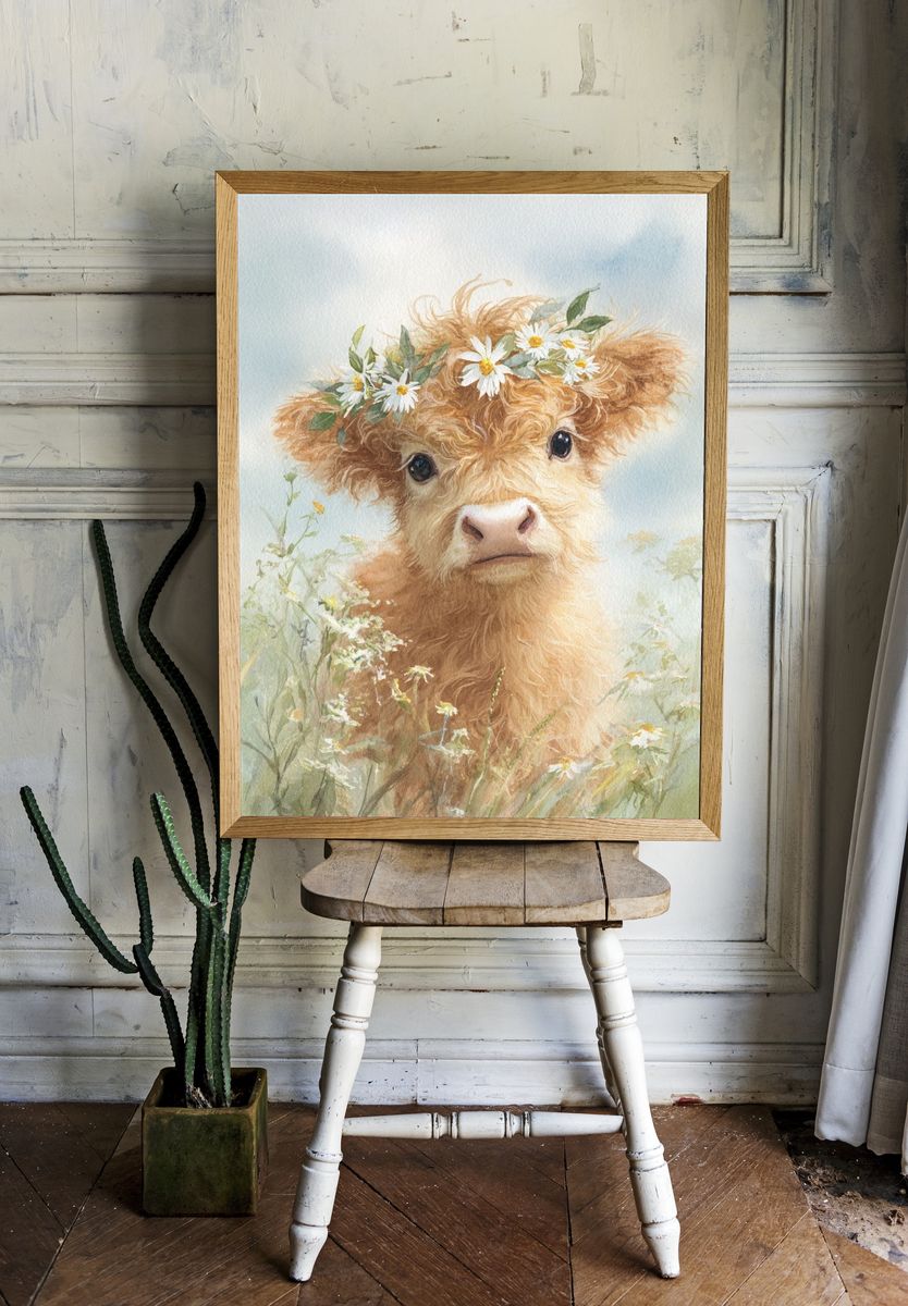 Highland Calf with Flower Crown — Watercolor Print. — room view 1