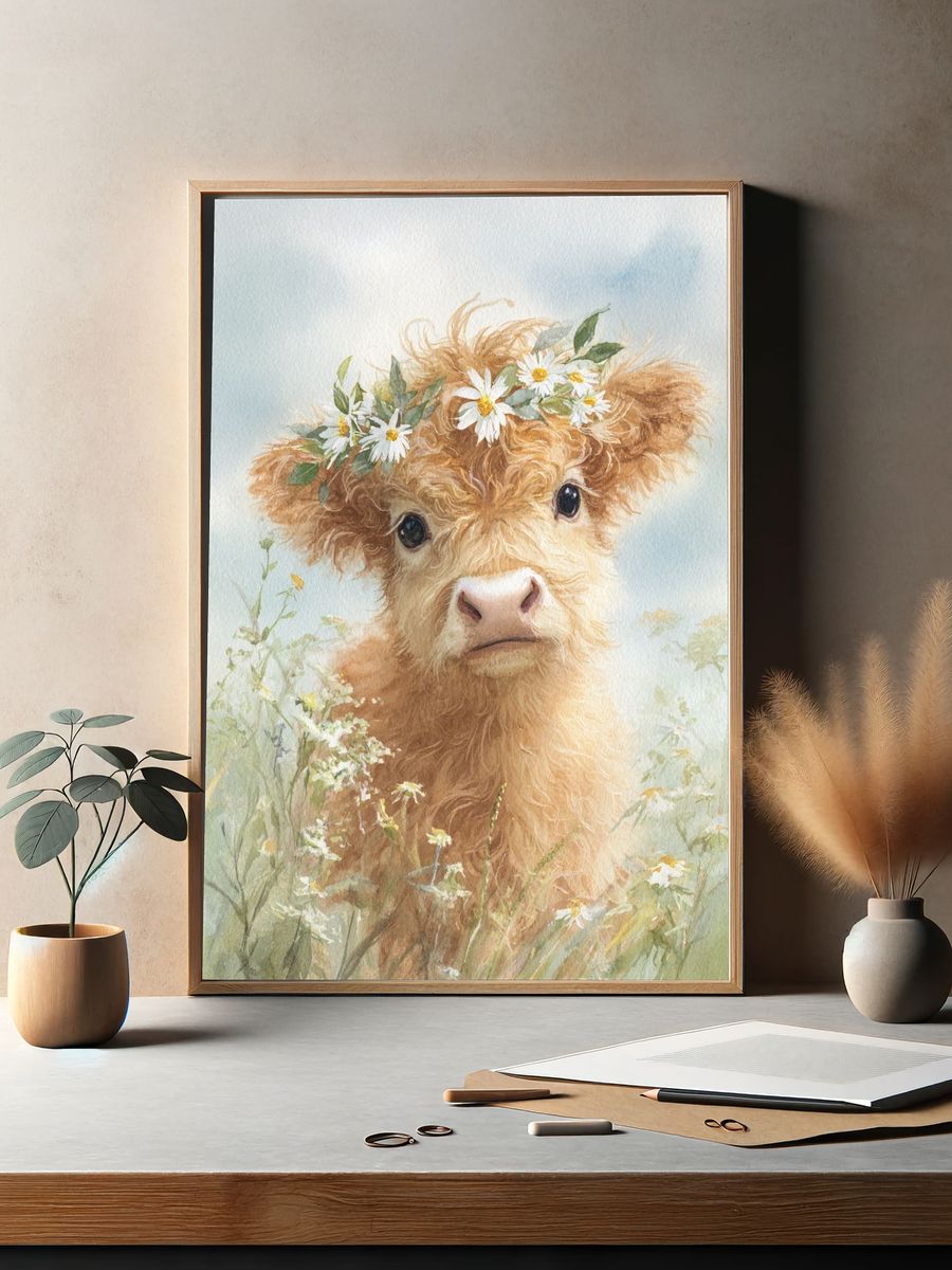 Highland Calf with Flower Crown — Watercolor Print. — room view 2