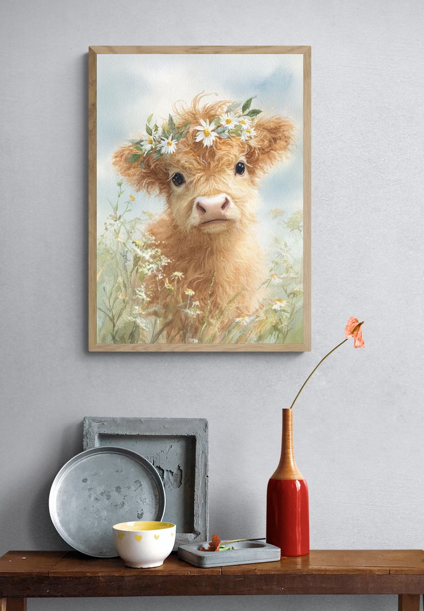 Highland Calf with Flower Crown — Watercolor Print. — room view 3