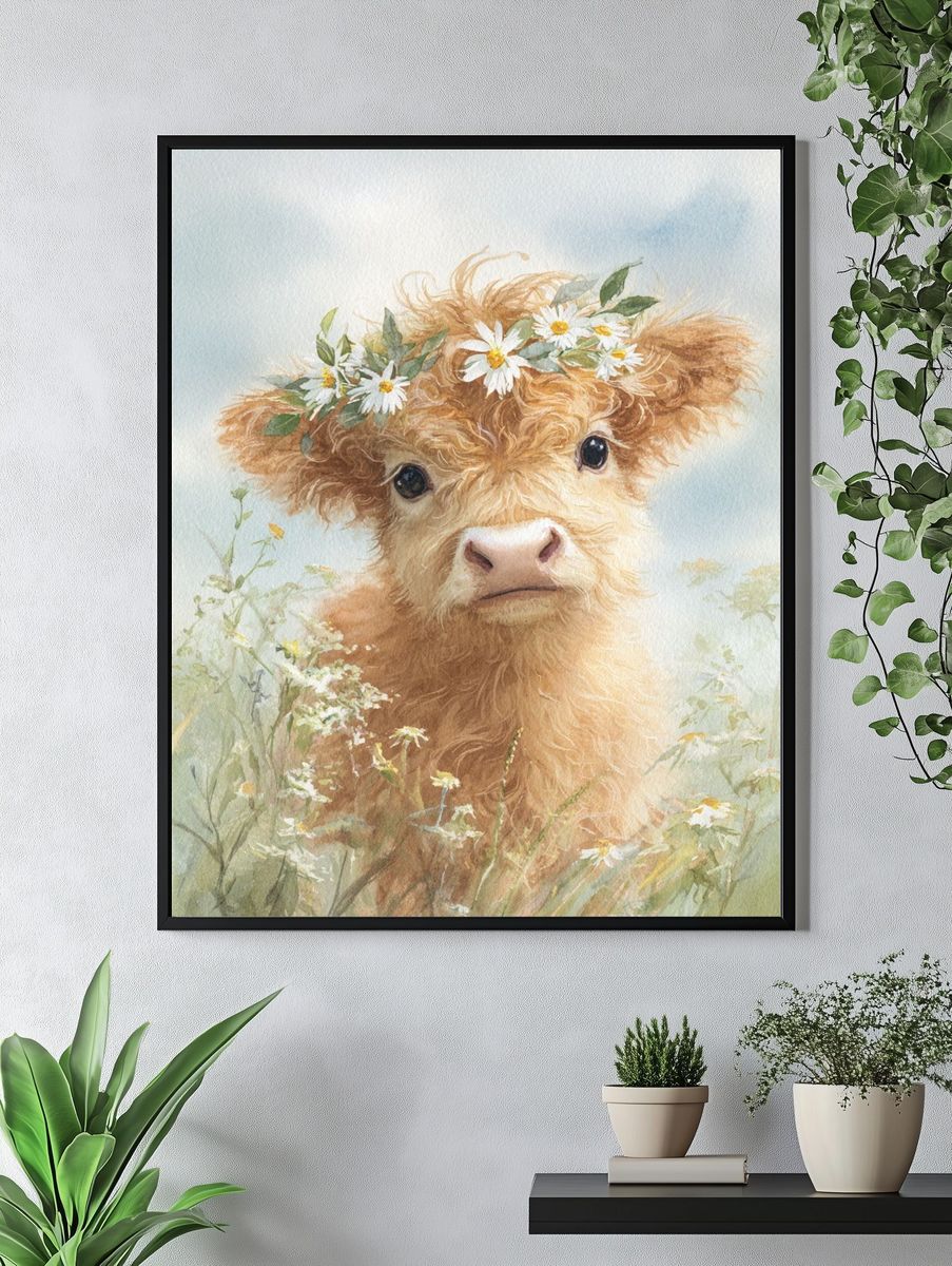 Highland Calf with Flower Crown — Watercolor Print. — room view 4