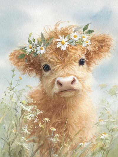 Highland Calf with Flower Crown — Watercolor Print. poster print