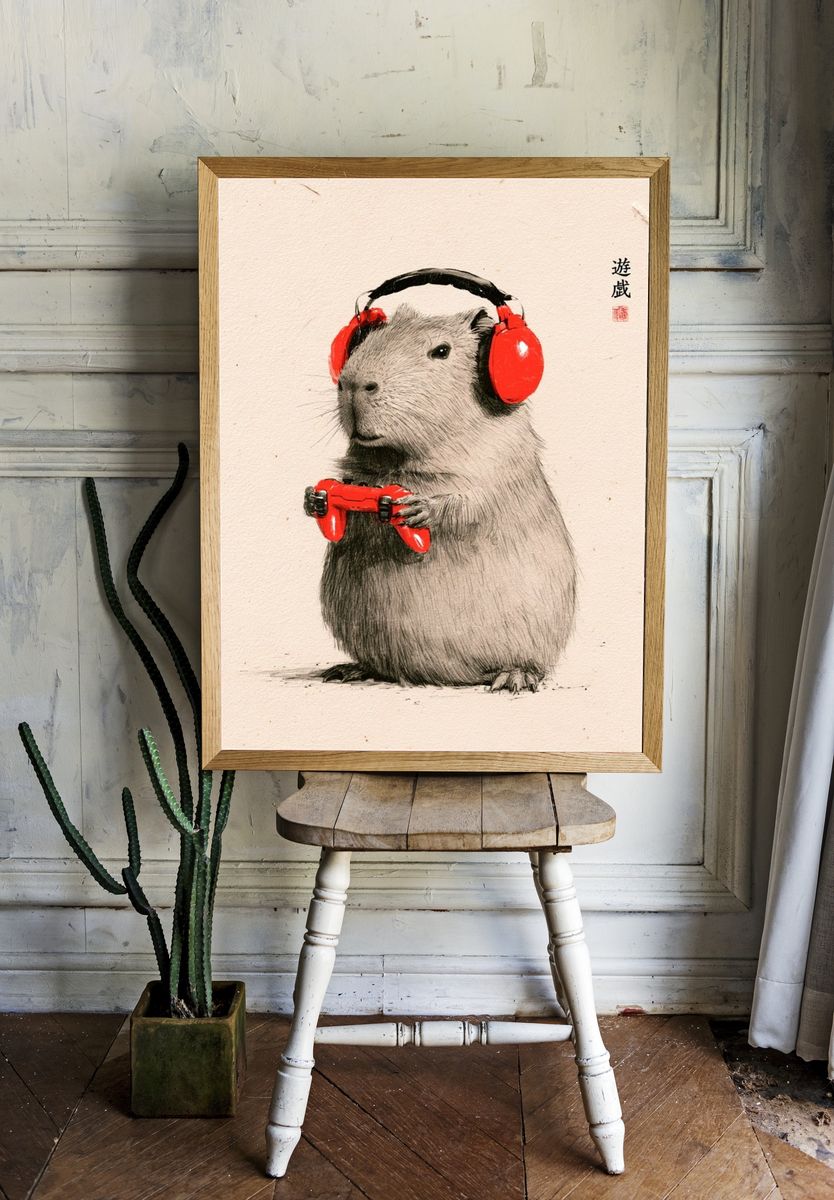 Capybara Gamer Illustration Poster. — room view 1