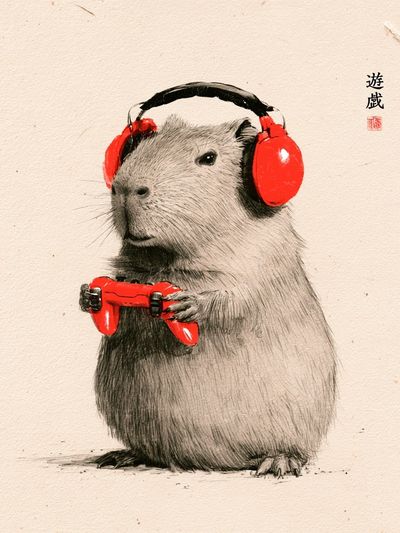 Capybara Gamer Illustration Poster.