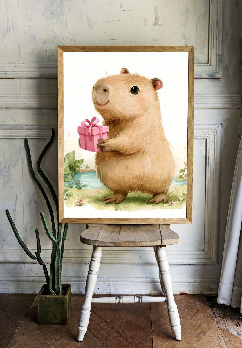 Capybara Gift Watercolor Print. room preview