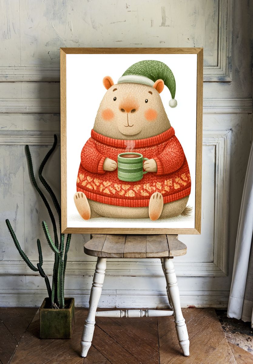 Cozy Capybara Winter Illustration Poster. — room view 1