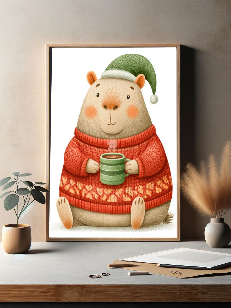 Cozy Capybara Winter Illustration Poster. — room view 2